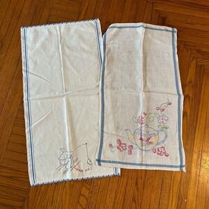 Vintage Blue and White Hand Embroidered Tea Towels 2 PC Teapot Fisherman Country